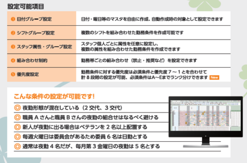 設定可能項目：①日付グループ設定（日付・曜日等のマスタを自由に作成、自動作成時の対象として設定できます。）②シフトグループ設定（複数のシフトを組み合わせた勤務条件を作成可能です。）③スタッフ属性・グループ設定（スタッフ個人ごとに属性を任意に設定し、複数の属性を組み合わせた勤務条件を作成できます。）④組み合わせ制約（勤務帯ごとの組み合わせ（禁止・推奨など）を設定できます。）⑤優先度設定（勤務条件に対する優先度は必須条件と優先度７～１とを合わせて計８段階の設定が可能。必須条件はA～Eまでランク分けできます）
